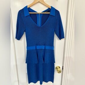 Nanette Lepore Blue & Burgundy striped knit peplum dress Women’s M 100% Wool